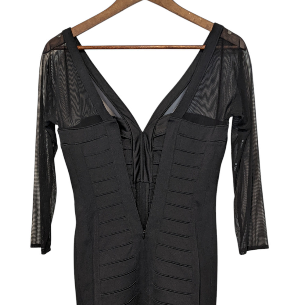 Tadashi Shoji Black Illusion Yoke Bandage Stretch Cocktail Evening Dress XS LBD - Picture 4 of 11